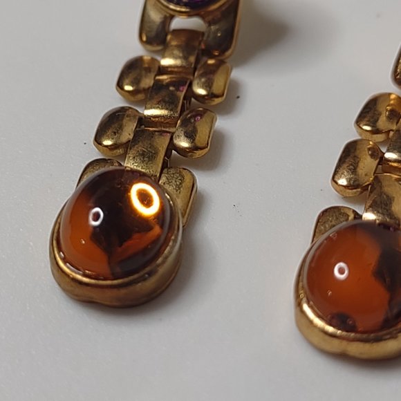 Purple Orange And Gold Tone Link Dangle Earrings - Picture 7 of 15